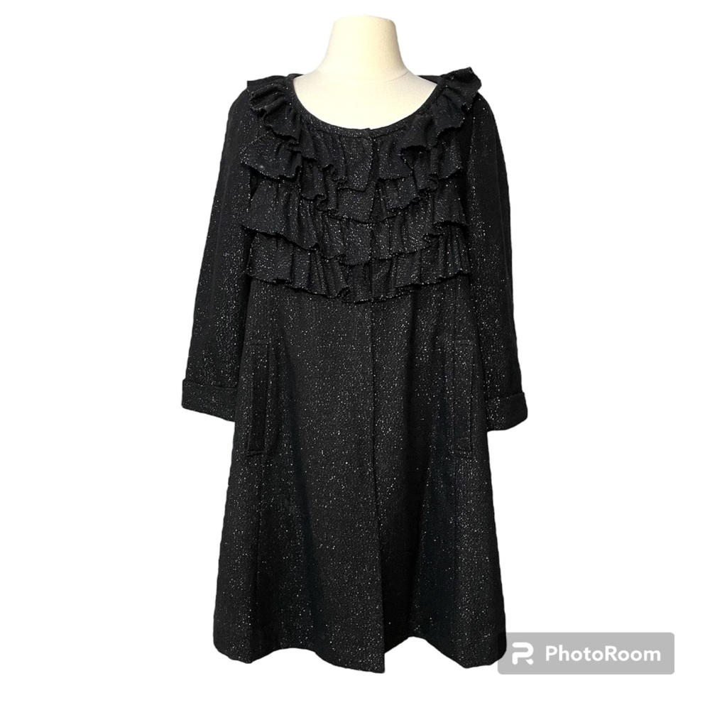 Twelve Couture black silver lurex wool blend 3/4 sleeve ruffle swing coat Size S